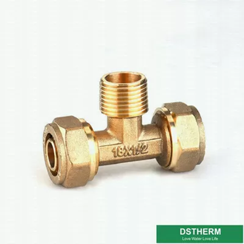 Male Threaded Tee Pex Fittings Brass Color Screw Fittings Customized Designs And Weight